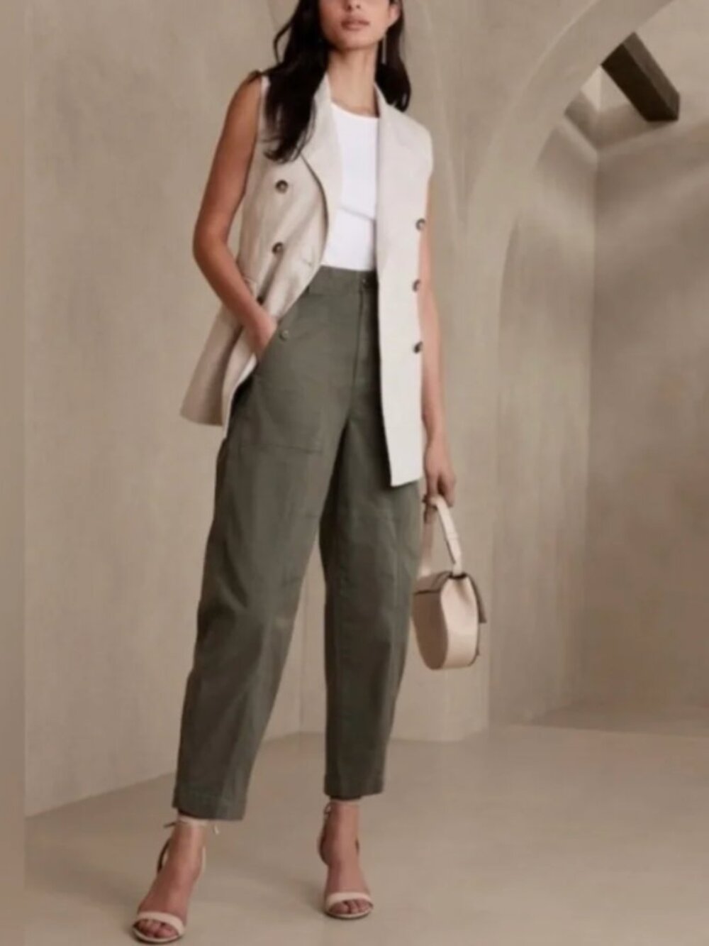 Banana Republic The Barrel Pants Size 14 Long Olive Green Utility Normcore Boho - Picture 1 of 12